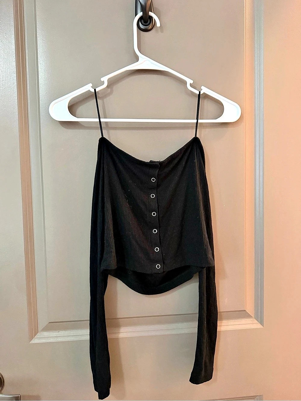 Garage Off-The-Shoulder Button-Front Top Black Cropped Long Sleeve